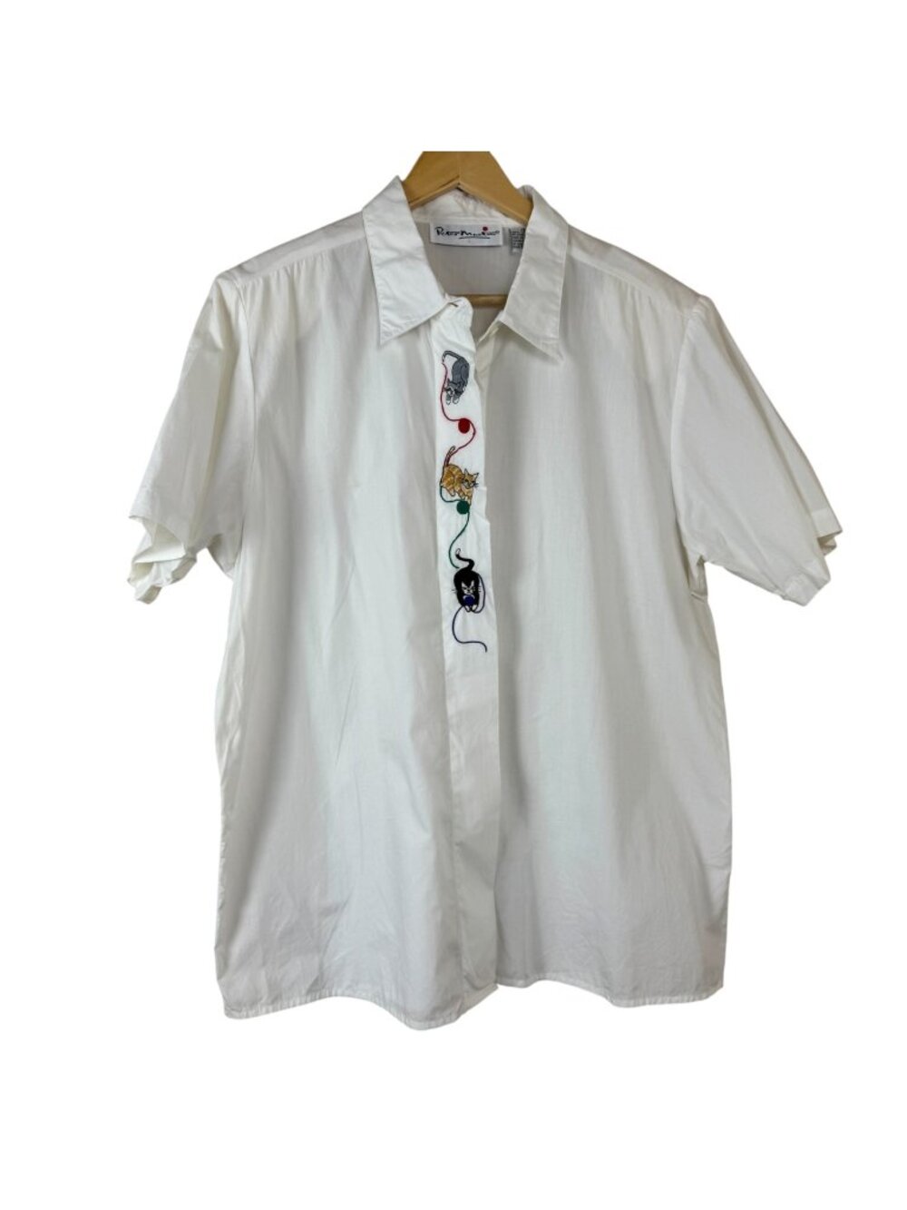 Peter Martin Vintage Cat Embroidery White Button Up Shirt Plus Size 16 Cotton